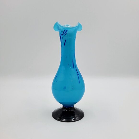Vintage Blown Art Glass Bud Vase Blue Confetti Splatter Black Pedestal Bottom - Picture 2 of 12